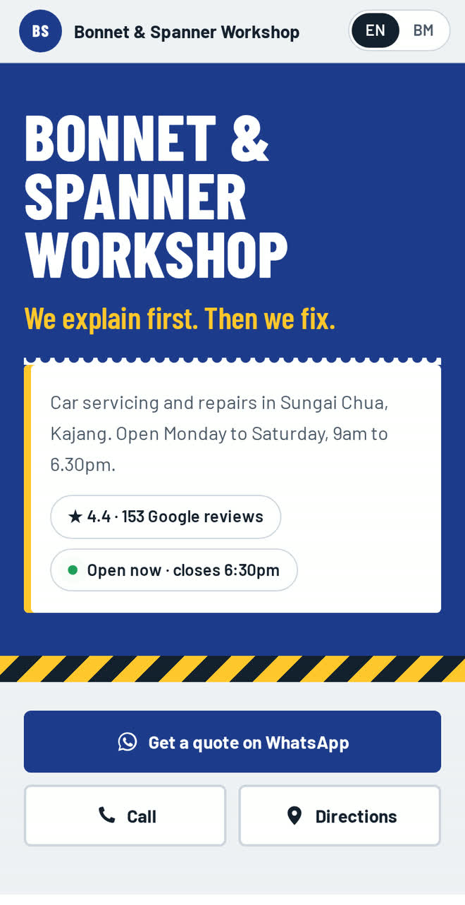 Sample website for Bonnet & Spanner Workshop, a fictional business, on a phone screen