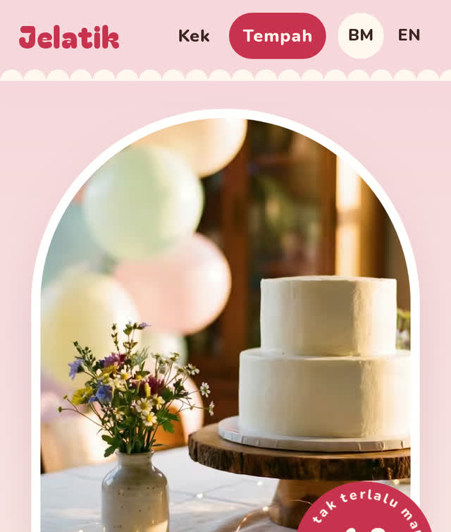 Sample website for Dapur Kek Jelatik, a fictional business, on a phone screen