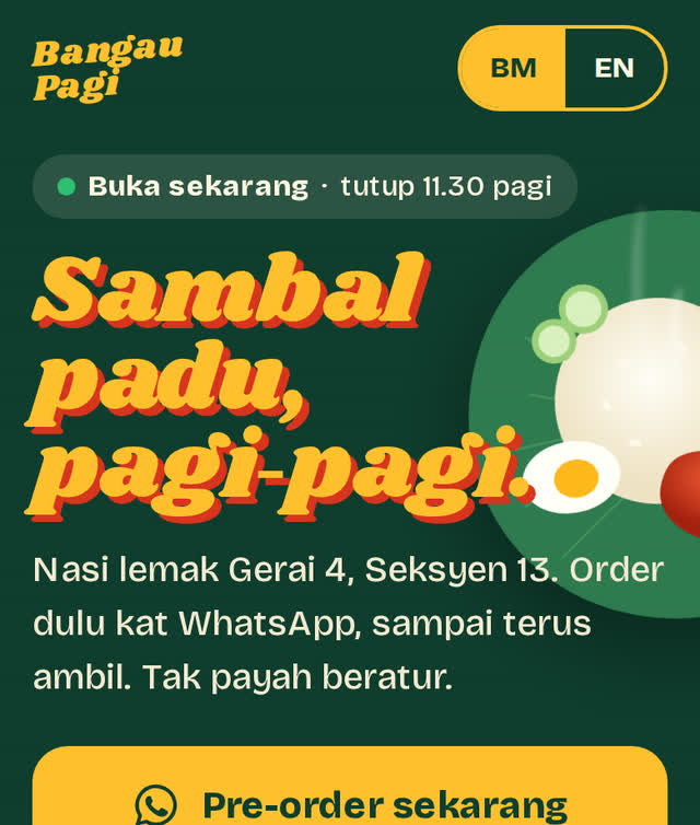 Sample website for Nasi Lemak Bangau Pagi Seksyen 13, a fictional business, on a phone screen
